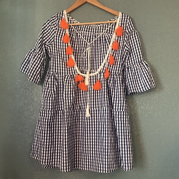 Navy and White Checkered Dress with Orange Tassel Detail - Picture 4 of 4